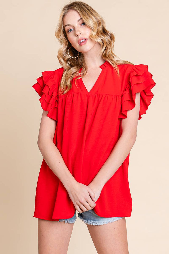 AIRFLOW OVERSIZED RUFFLE SLEEVE BLOUSE - BURGUNDY