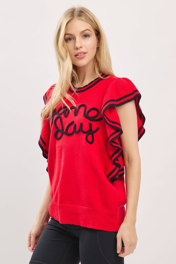 Ruffle Sleeve Varsity Gameday Knit Top -  Red/Black