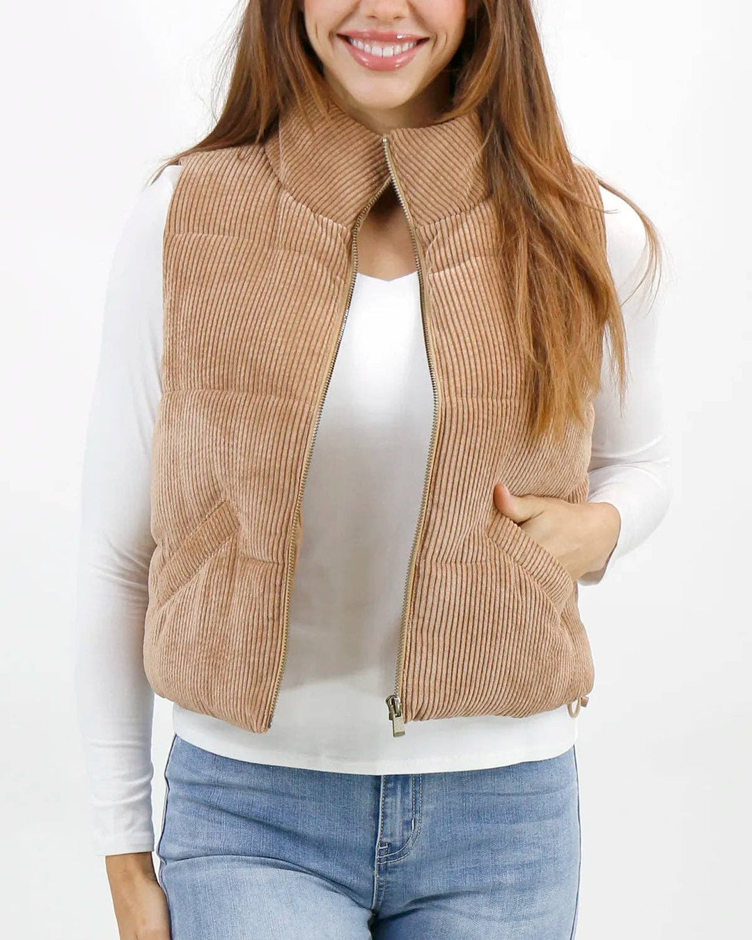 Grace and Lace Corduroy Puffer Vest in Camel