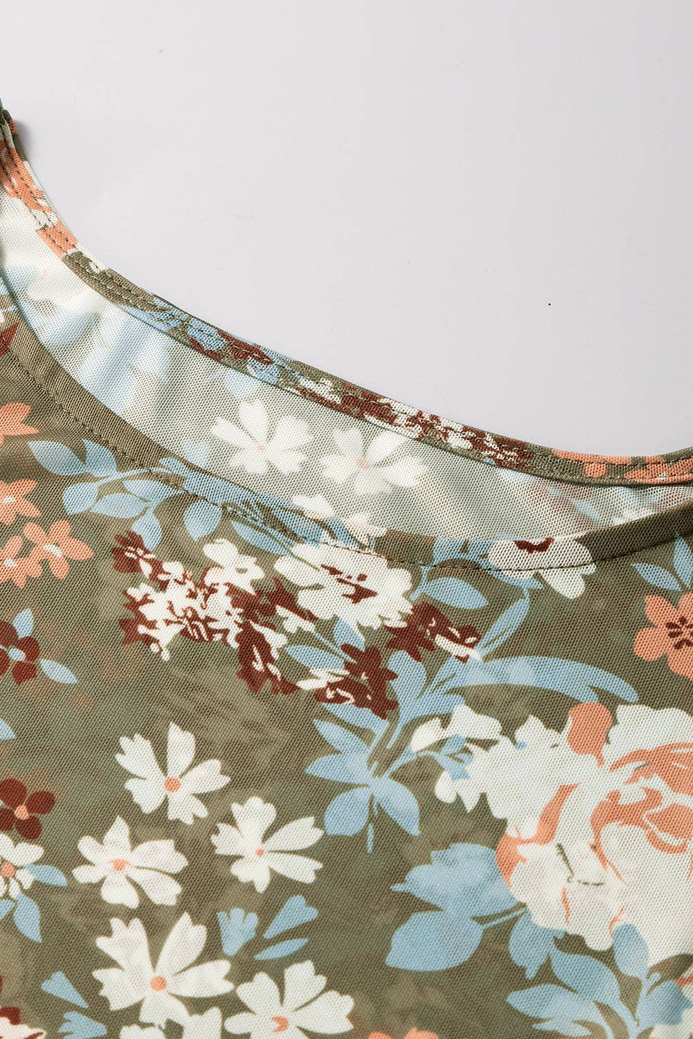 Floral Print Mesh Fitted Long Sleeve Top - Green