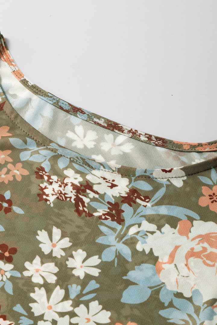 Floral Print Mesh Fitted Long Sleeve Top - Green