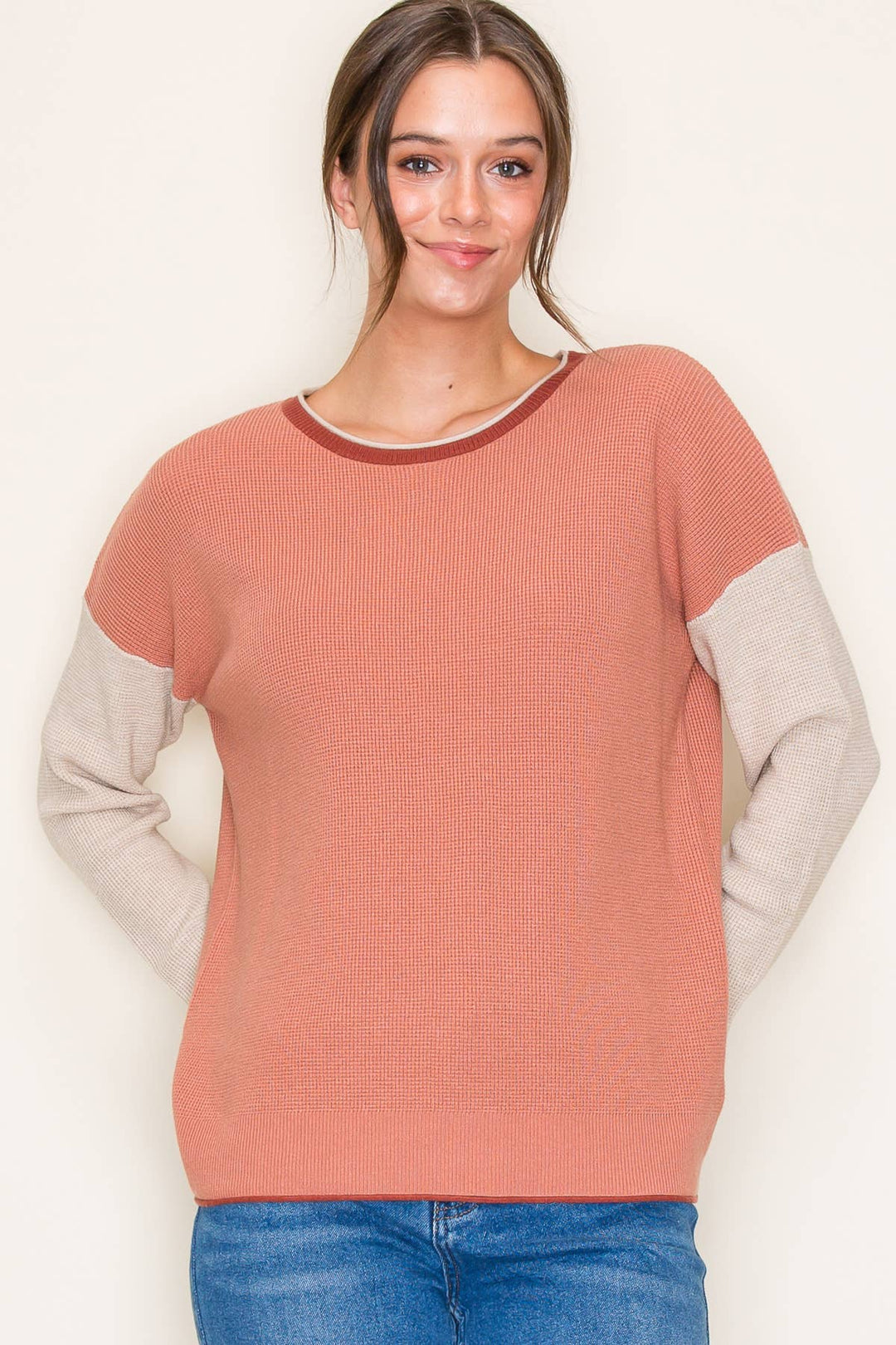 Crew Neck Pullover Sweater in Dark Coral