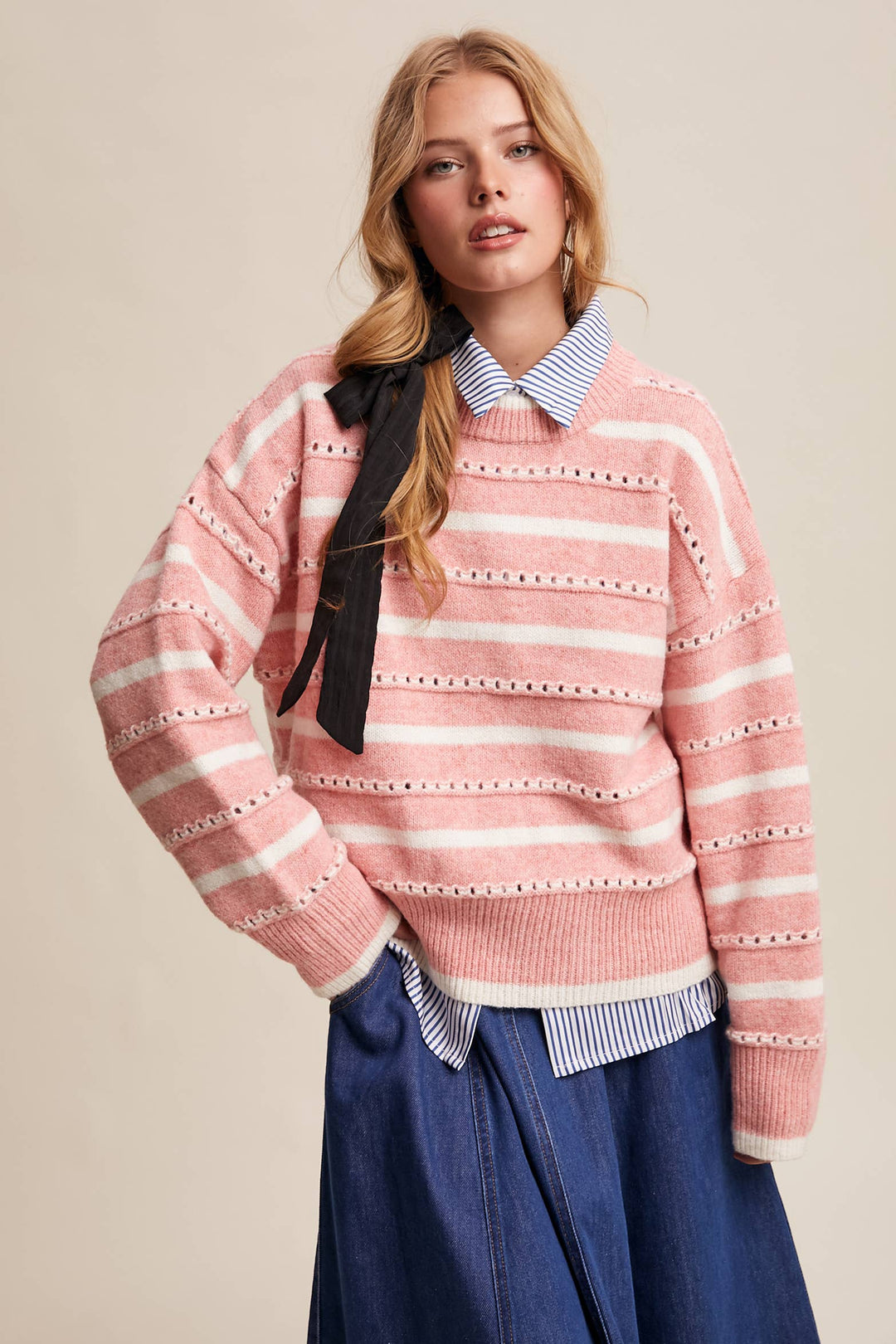 Striped Open-Stitch Pullover Sweater in Light Coral