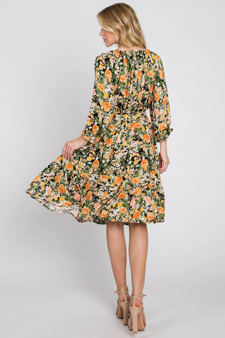 Marigold Print 3/4 Sleeve Flowy Dress