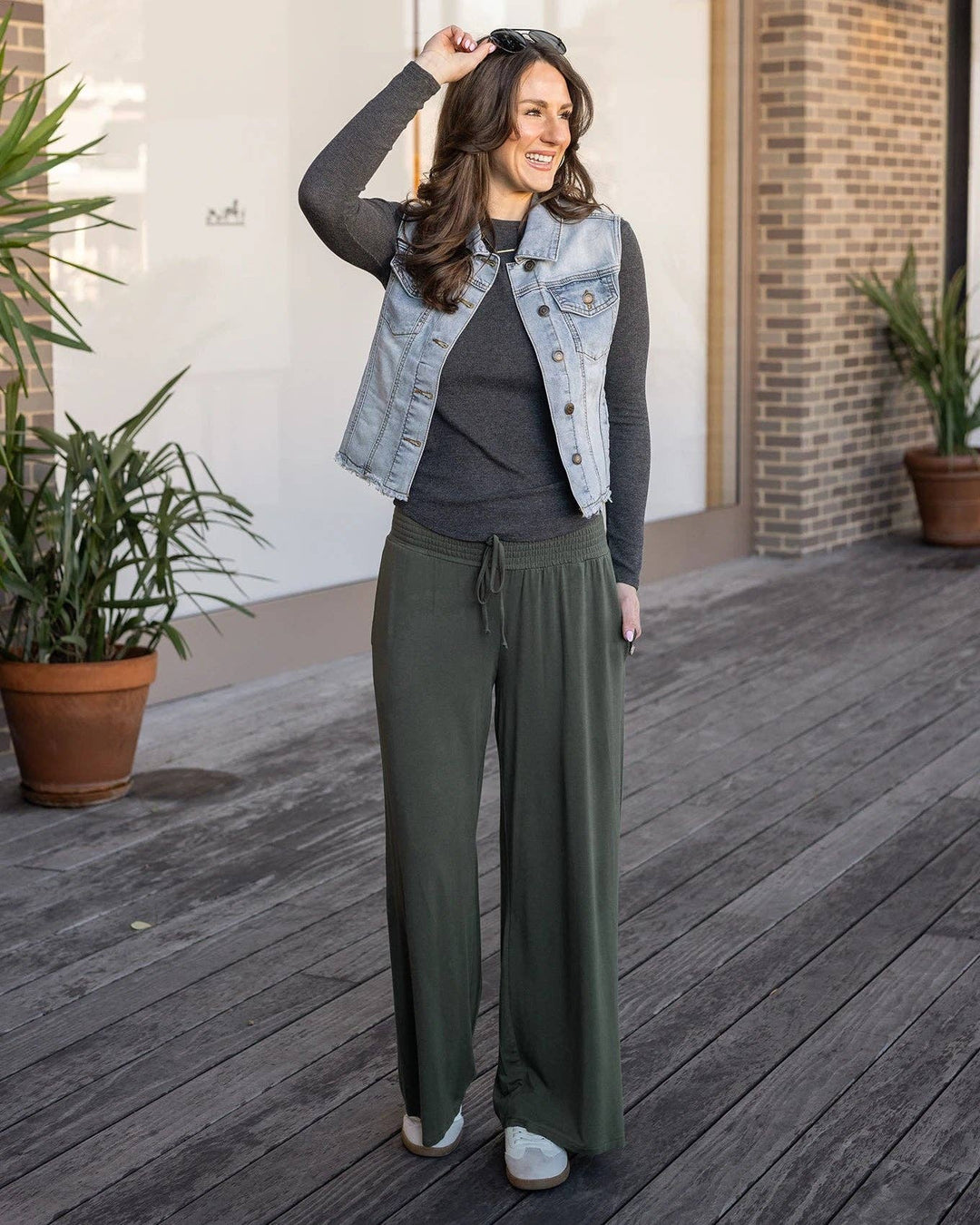 Smocked Wide Leg Lounge Pants in Olive