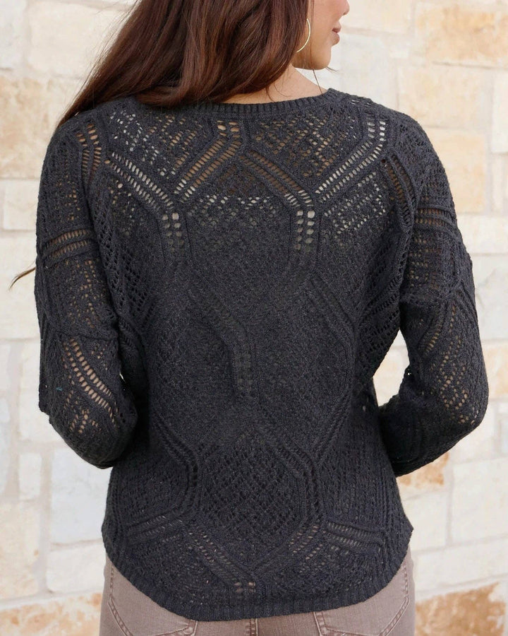 Grace and Lace V-Neck Pointelle Sweater in Charcoal