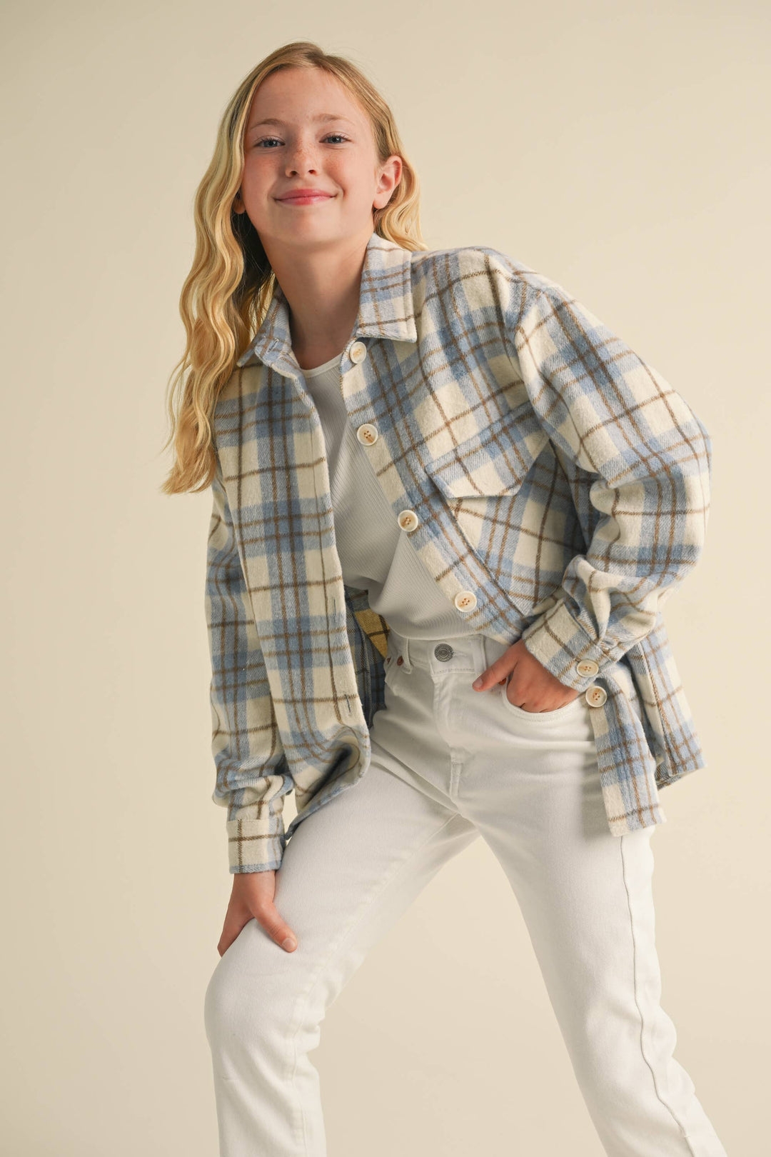 GIRLS BUTTON-UP PLAID SHACKET - Ivory/Lt. Blue