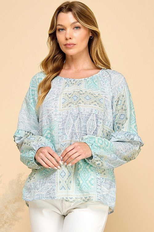 Mosaic Ruffle Sleeve Blouse - Mint