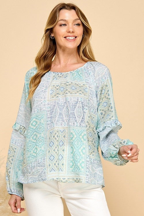 Mosaic Ruffle Sleeve Blouse - Mint