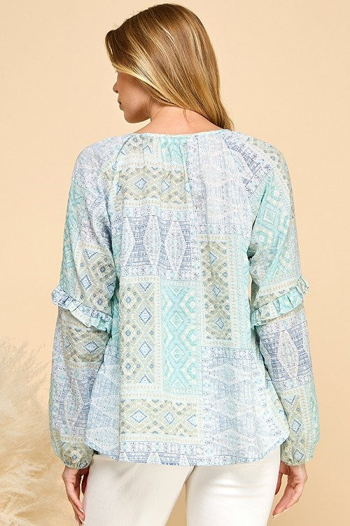 Mosaic Ruffle Sleeve Blouse - Mint