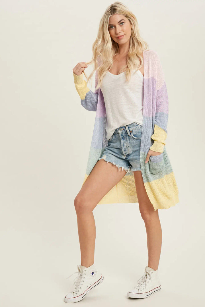 Spring Color Blocked Open Front Cardigan - Pink/Lav