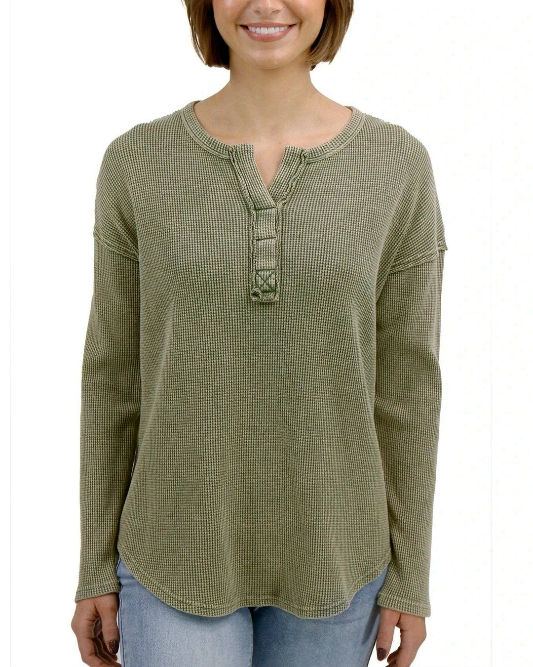 Mineral Washed Waffle Henley in Chive