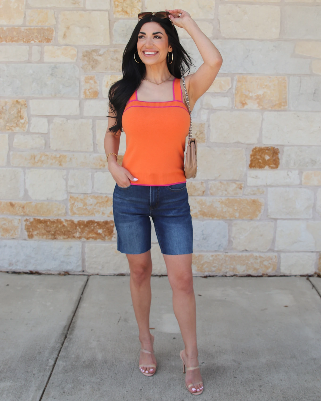 Grace and Lace Border Stripe Knit Tank in Tangerine