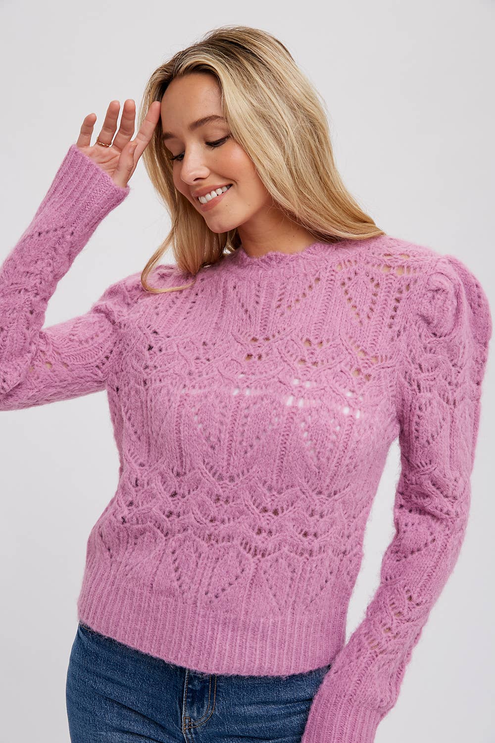 PUFF SLEEVE POINTELLE PULLOVER - Rose