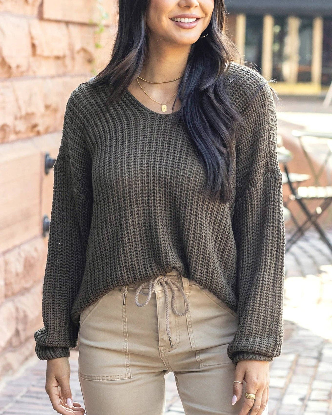 Grace and Lace Boyfriend Slouchy Knit Sweater in Olive