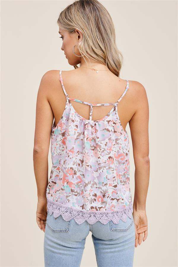 Staccato Floral T-back Tank with Crocheted Hem - Lavendar