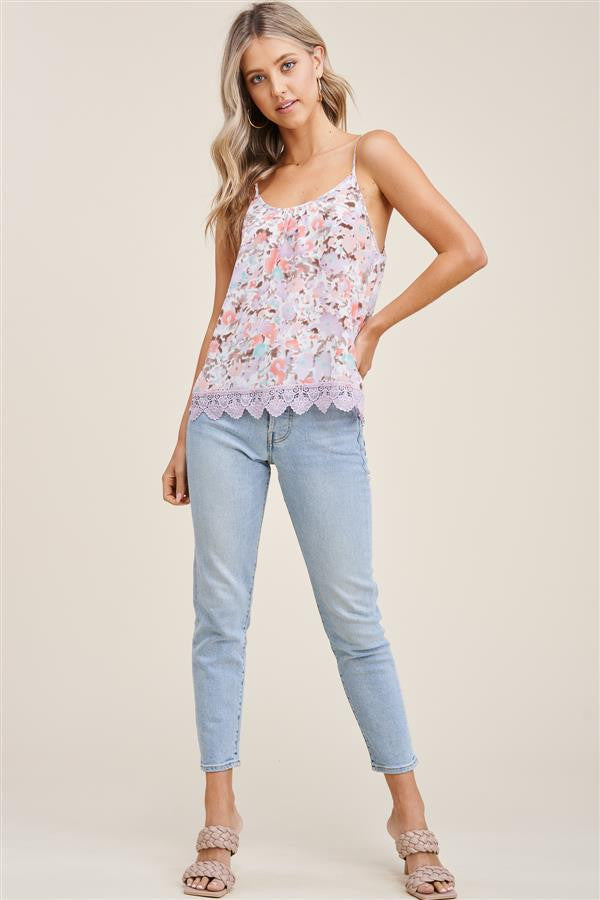 Staccato Floral T-back Tank with Crocheted Hem - Lavendar