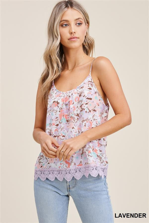 Staccato Floral T-back Tank with Crocheted Hem - Lavendar