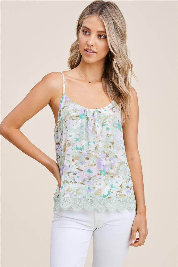 Staccato Floral T-back Tank with Crocheted Hem - Mint