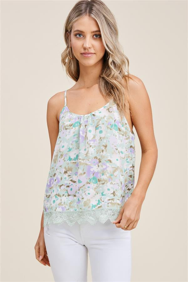 Staccato Floral T-back Tank with Crocheted Hem - Mint