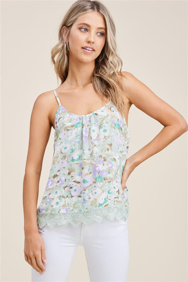 Staccato Floral T-back Tank with Crocheted Hem - Mint