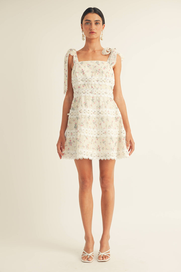 Giada Square Neck Tie Strap Floral Eyelet Mini Dress