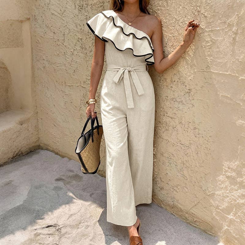 Women One Shoulder Ruffle Wide Leg Jumpsuit - Light Khaki