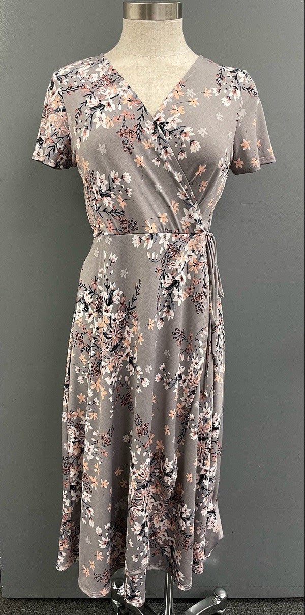grey floral wrap dress gray wrap dress Blue floral Wrap Dress for Women