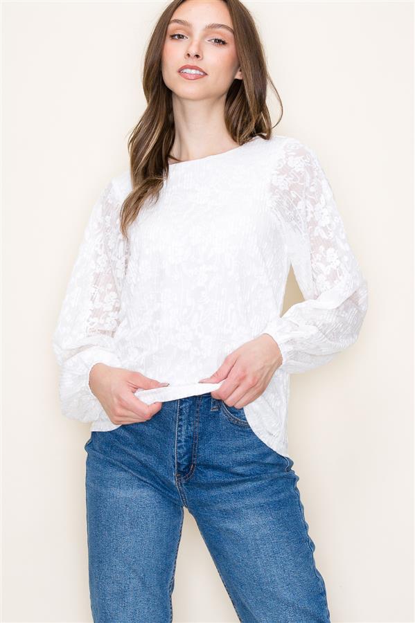 Staccato Balloon Sleeve Floral Lace Top - Ivory