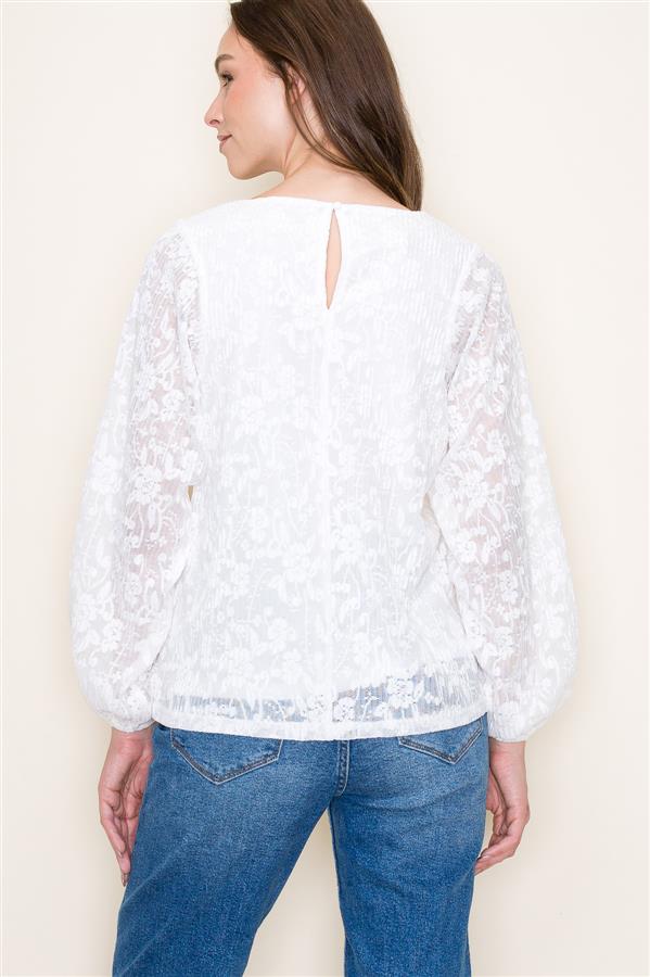 Staccato Balloon Sleeve Floral Lace Top - Ivory