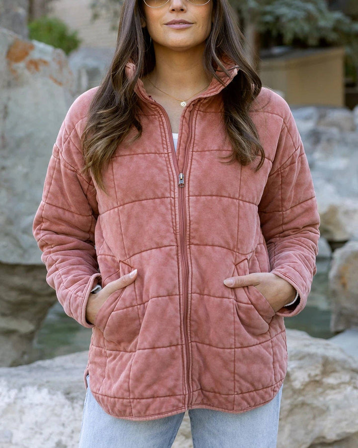 Grace and Lace Mineral Washed Quilted Jacket in Terracotta