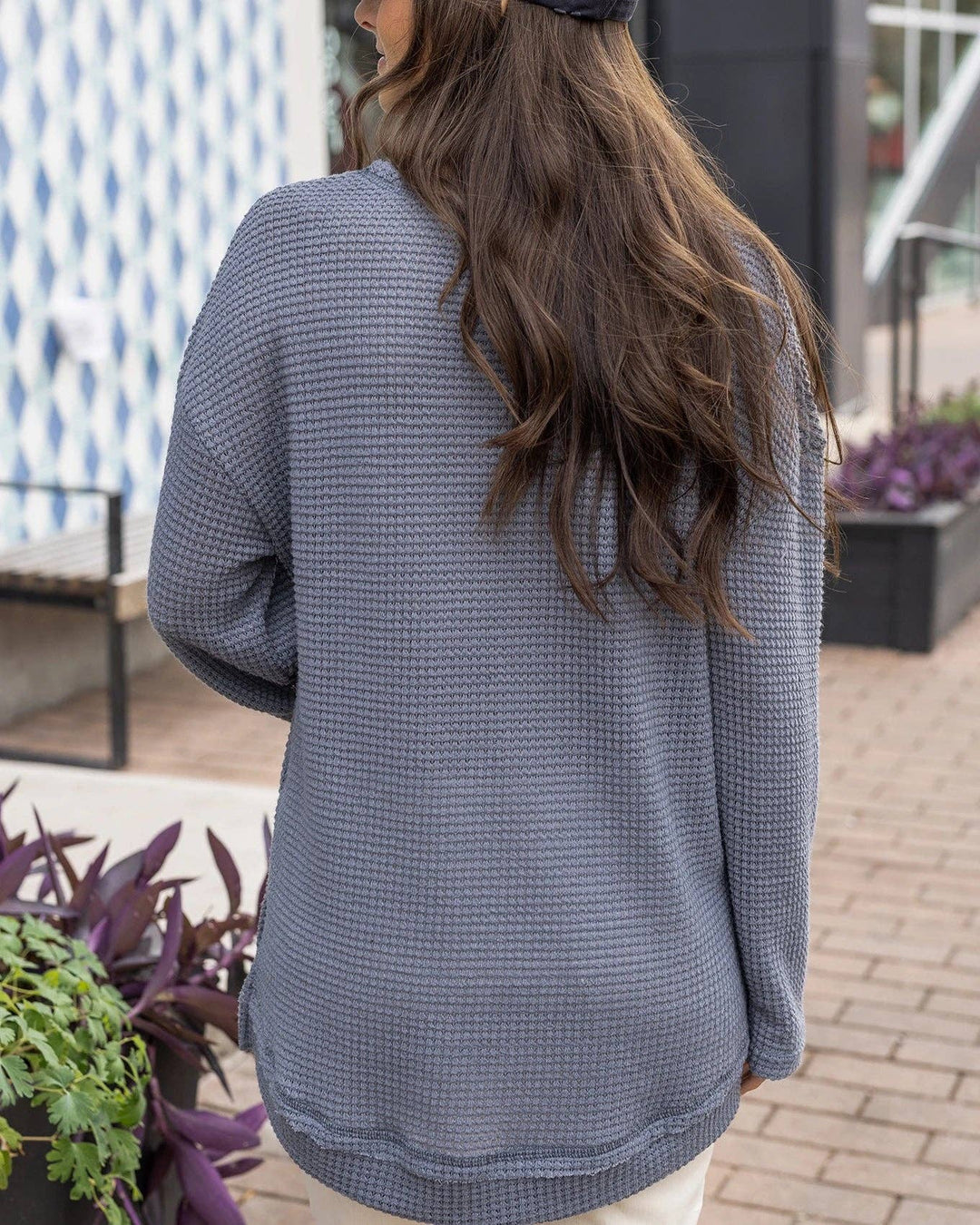 Slouchy Waffle Pullover in Grey