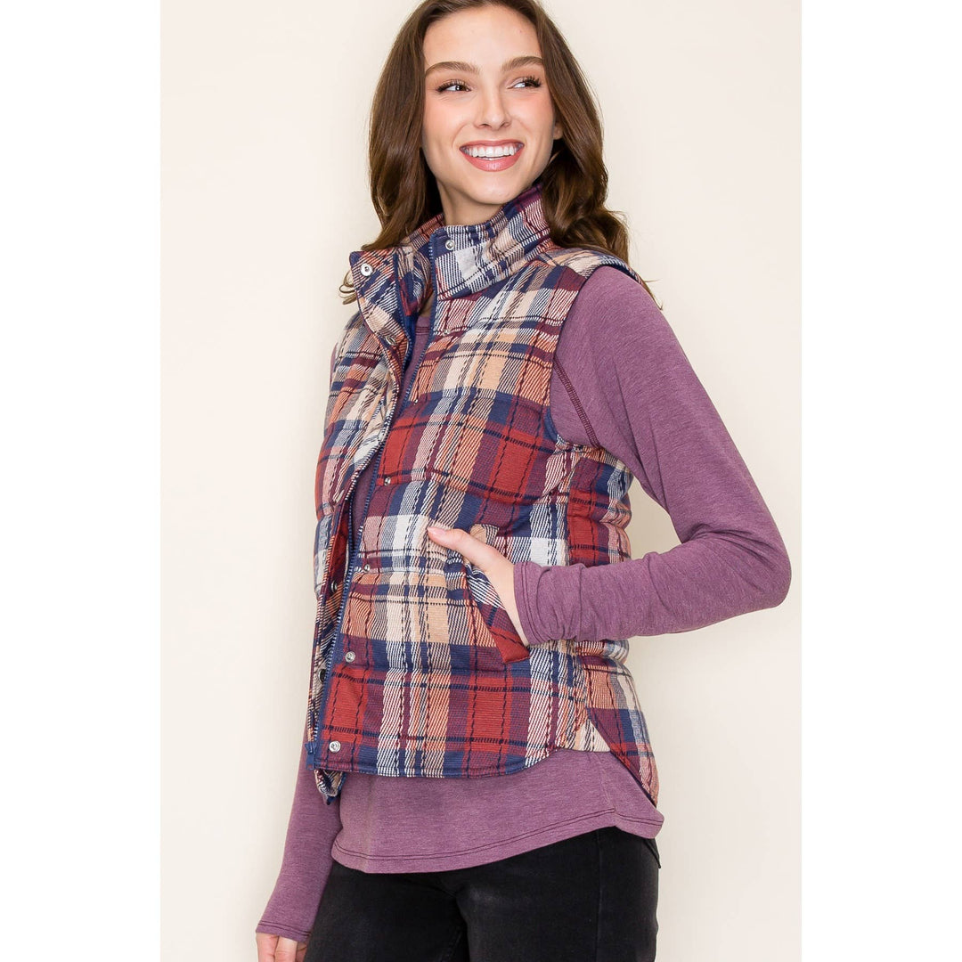 Jacquard Plaid Padded Vest in Scarlet