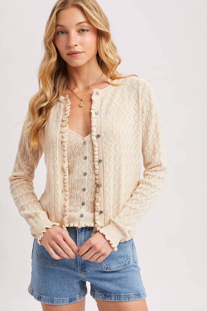 Pointelle Knit Button Down Cardi - Natural