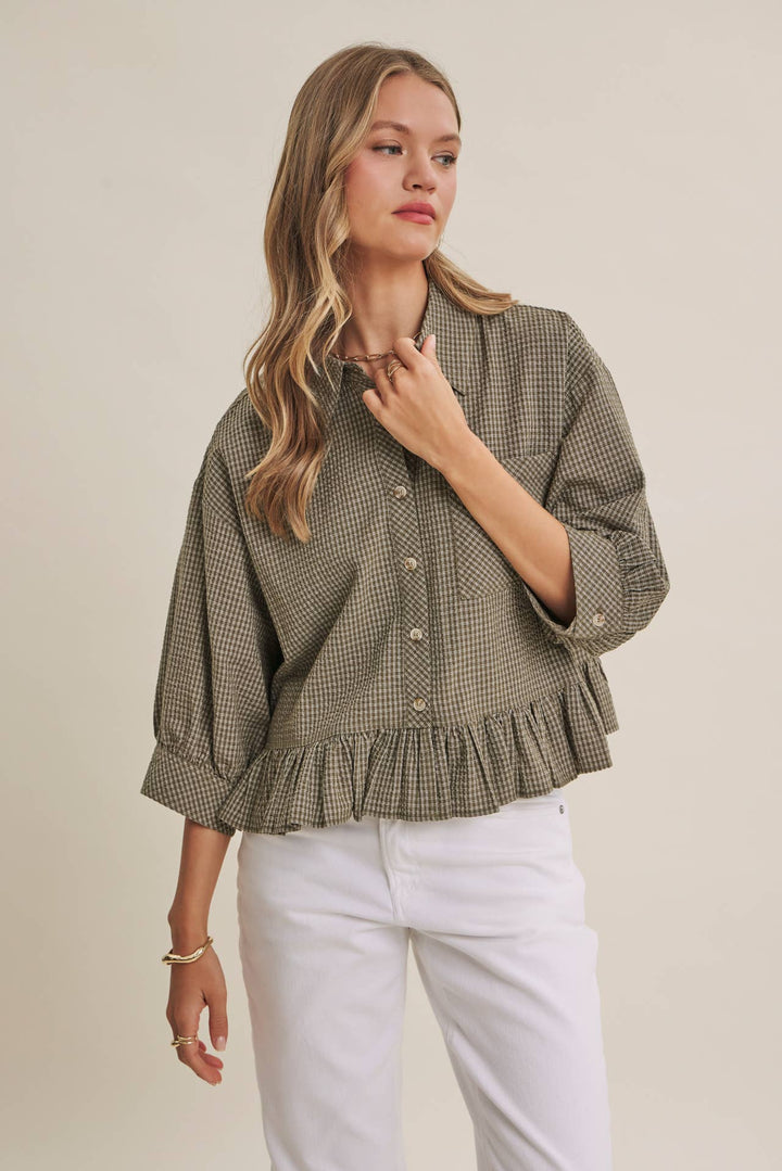 Sunday Stroll Gingham Ruffle Top - Olive