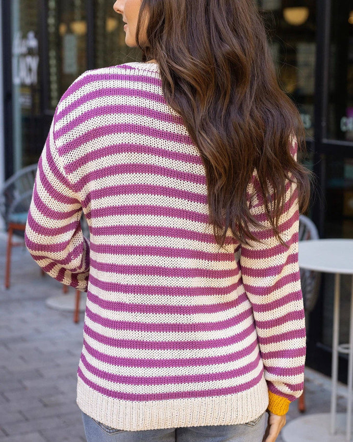 Striped V-Neck Sweater in Berry Stripe