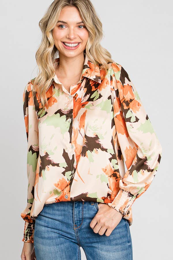 Printed Satin Shirt - Orange Floral