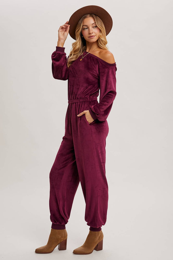 VELVET ONE SHOULDER BOAT NECK JUMPSUIT