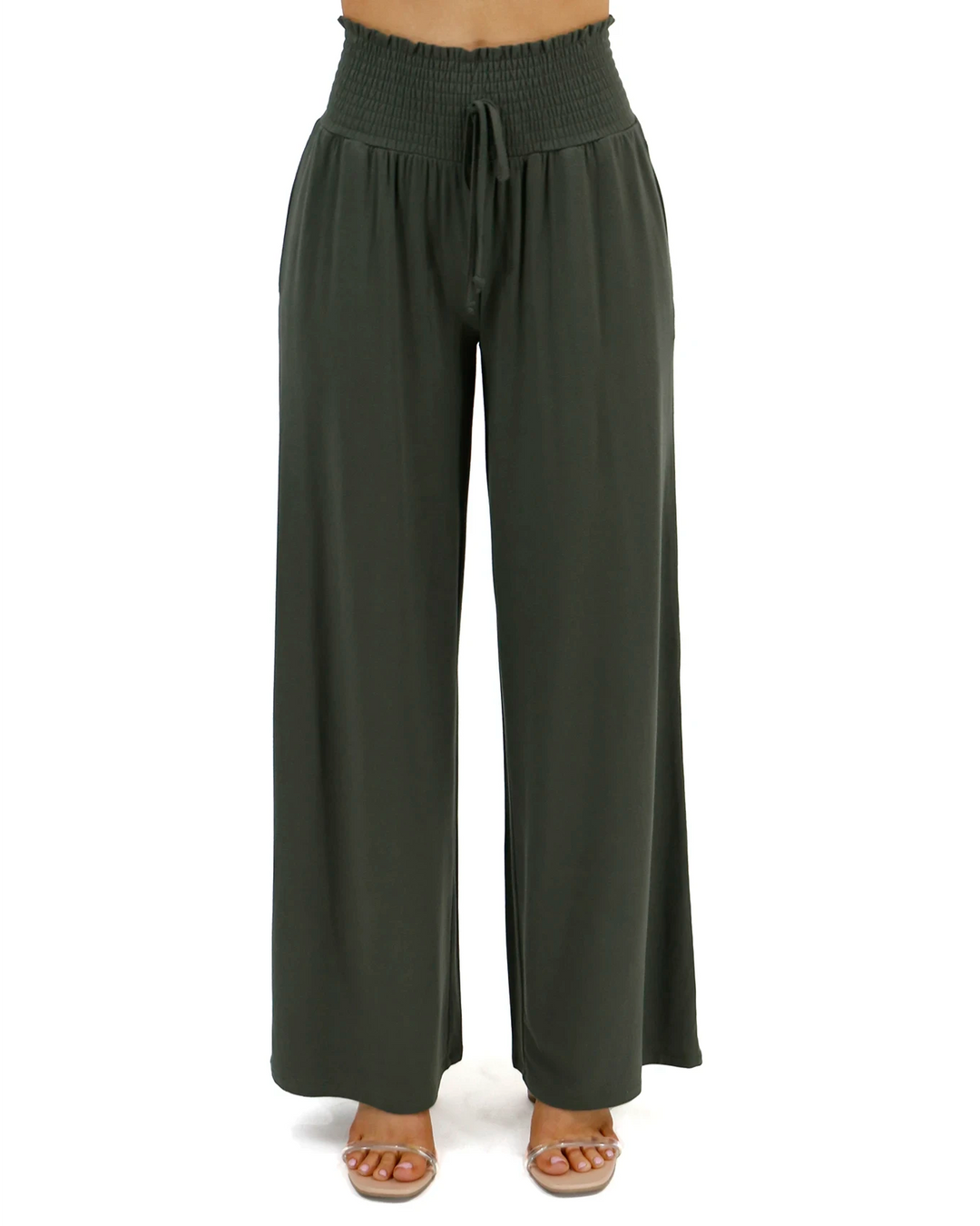 Smocked Wide Leg Lounge Pants in Olive