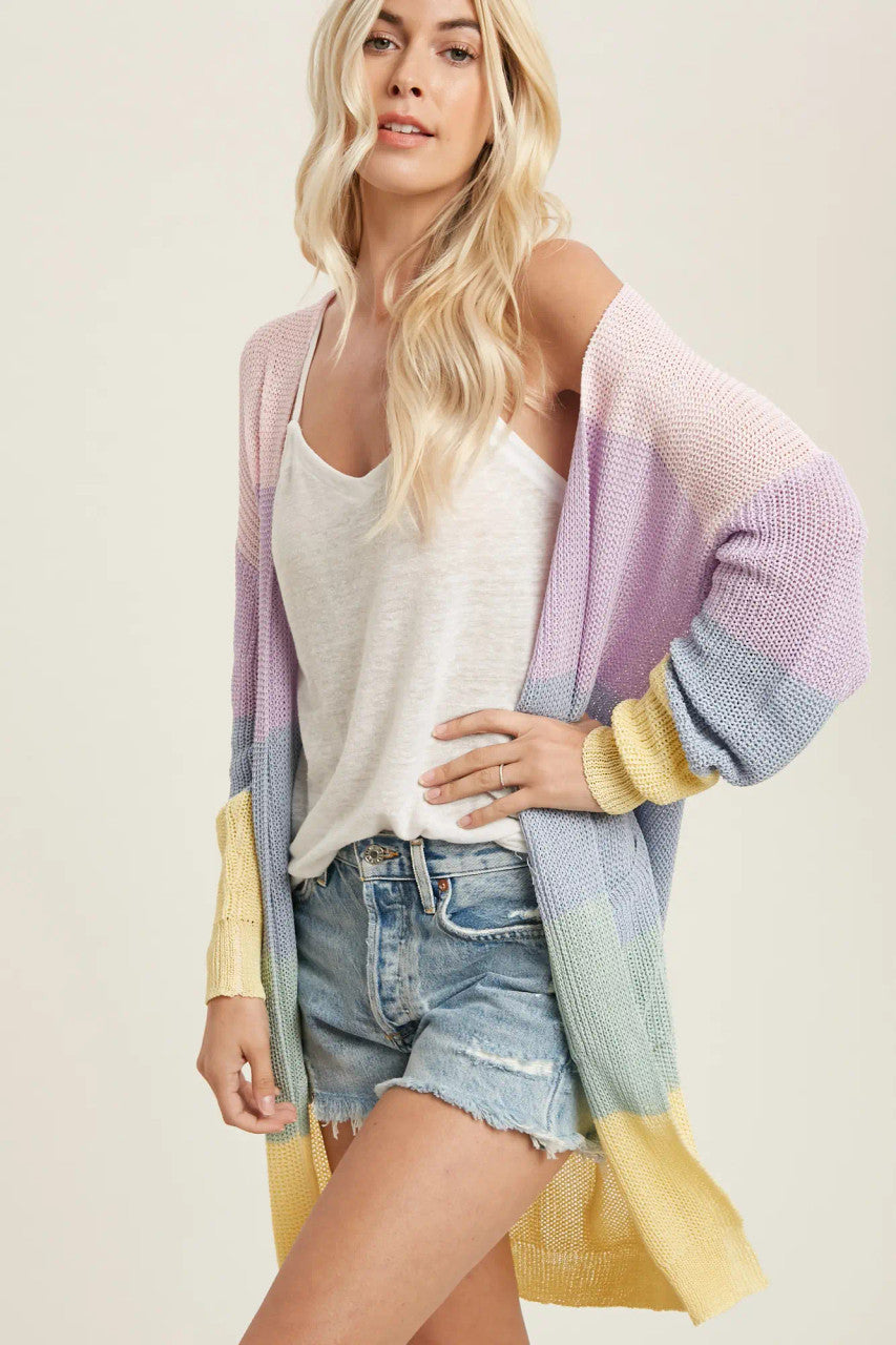 Spring Color Blocked Open Front Cardigan - Pink/Lav