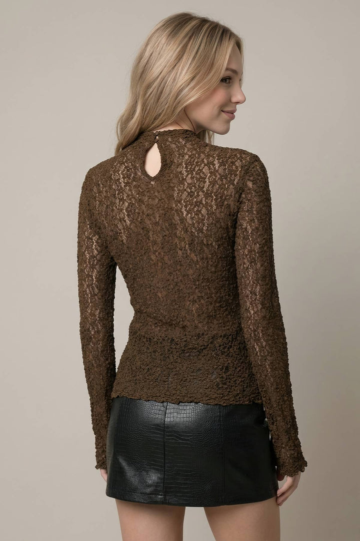 Laced with Love Mock Neck Top - Mocha