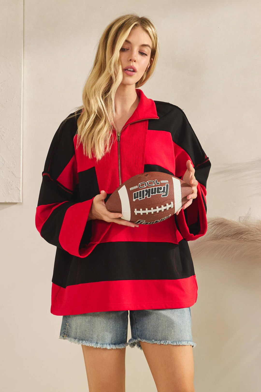 Varsity Stripe Oversized Zip Pullover - Red/Black