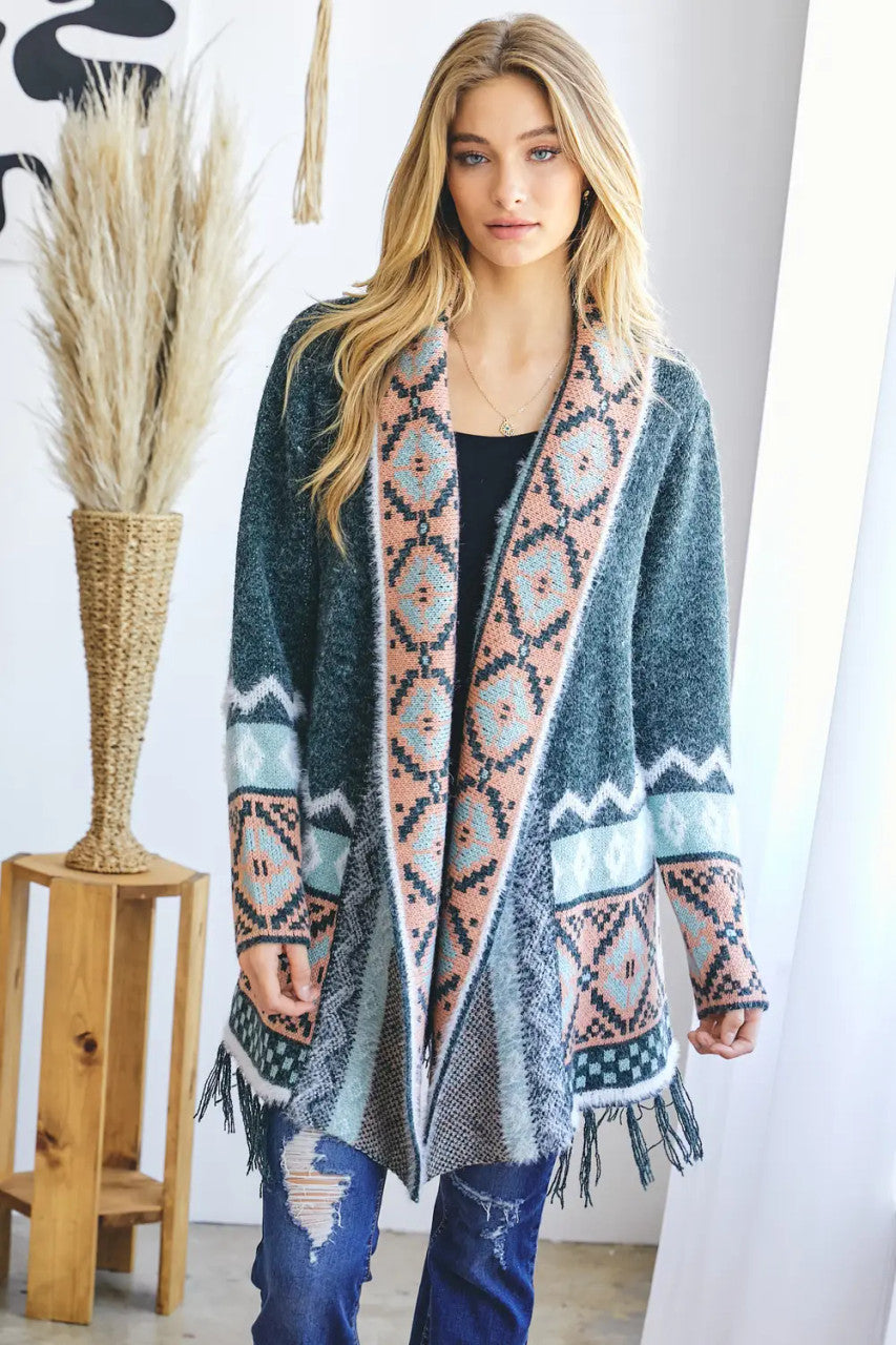 Davi & Dani  TRIBAL AZTEC PRINT LONG SLEEVE CARDIGAN- Sage