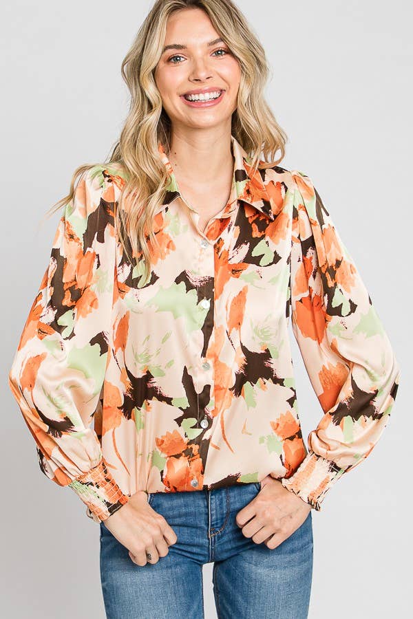 Printed Satin Shirt - Orange Floral