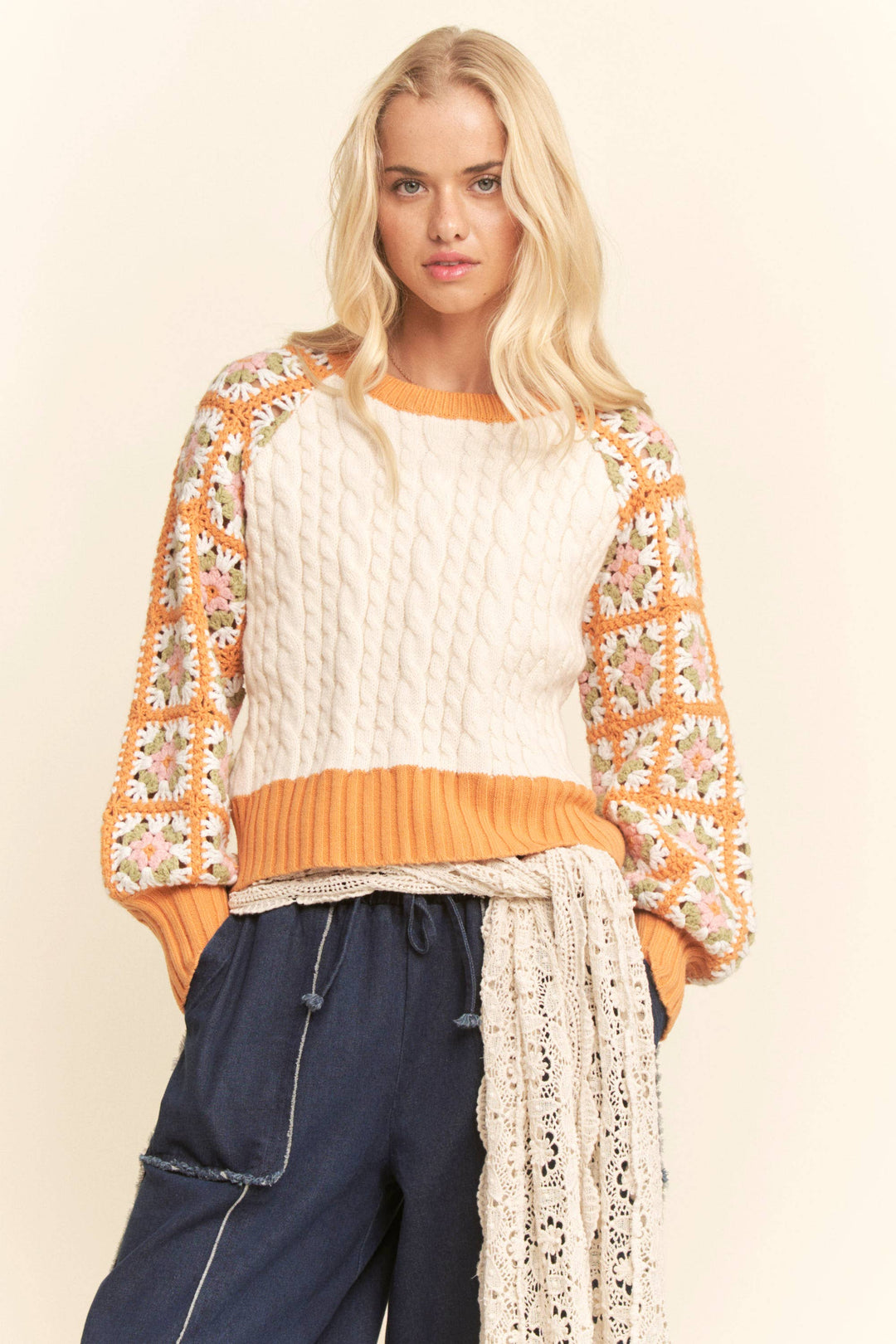 Boho Bloom Crochet Sleeve Cable Knit Sweater - Orange/Cream