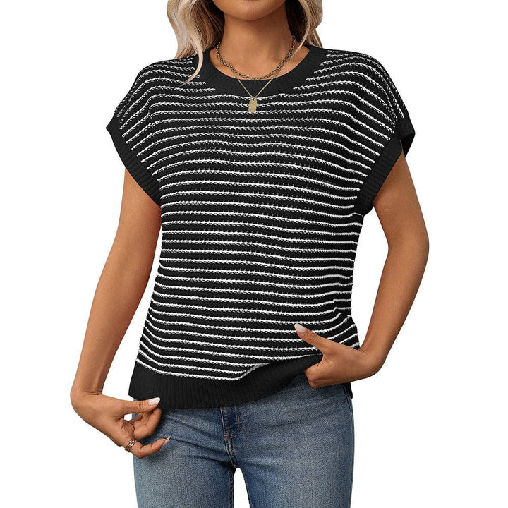 Crew Neck Knit Top Casual Stripe Color Clash Sweater - Black & White