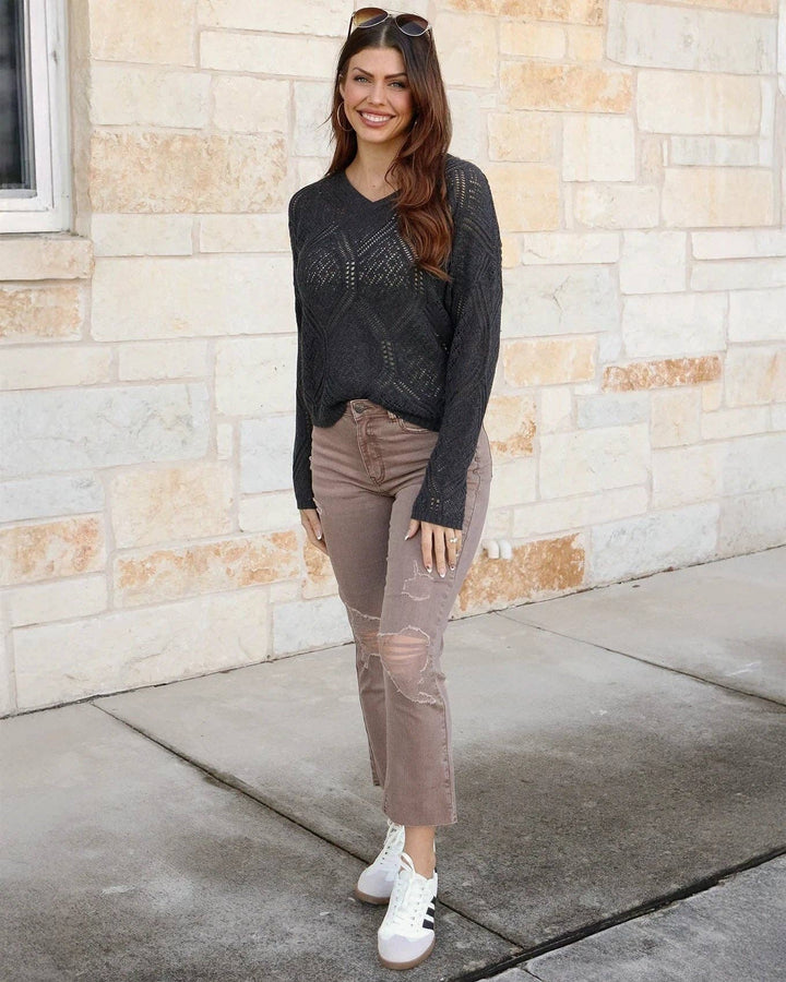 Grace and Lace V-Neck Pointelle Sweater in Charcoal
