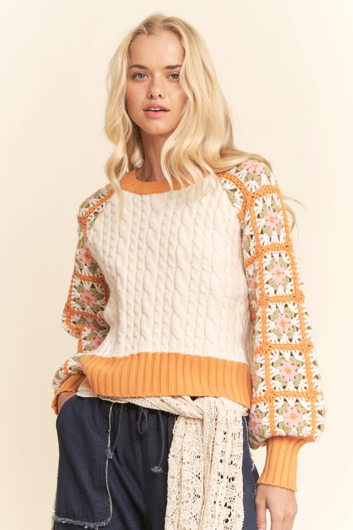 Boho Bloom Crochet Sleeve Cable Knit Sweater - Orange/Cream