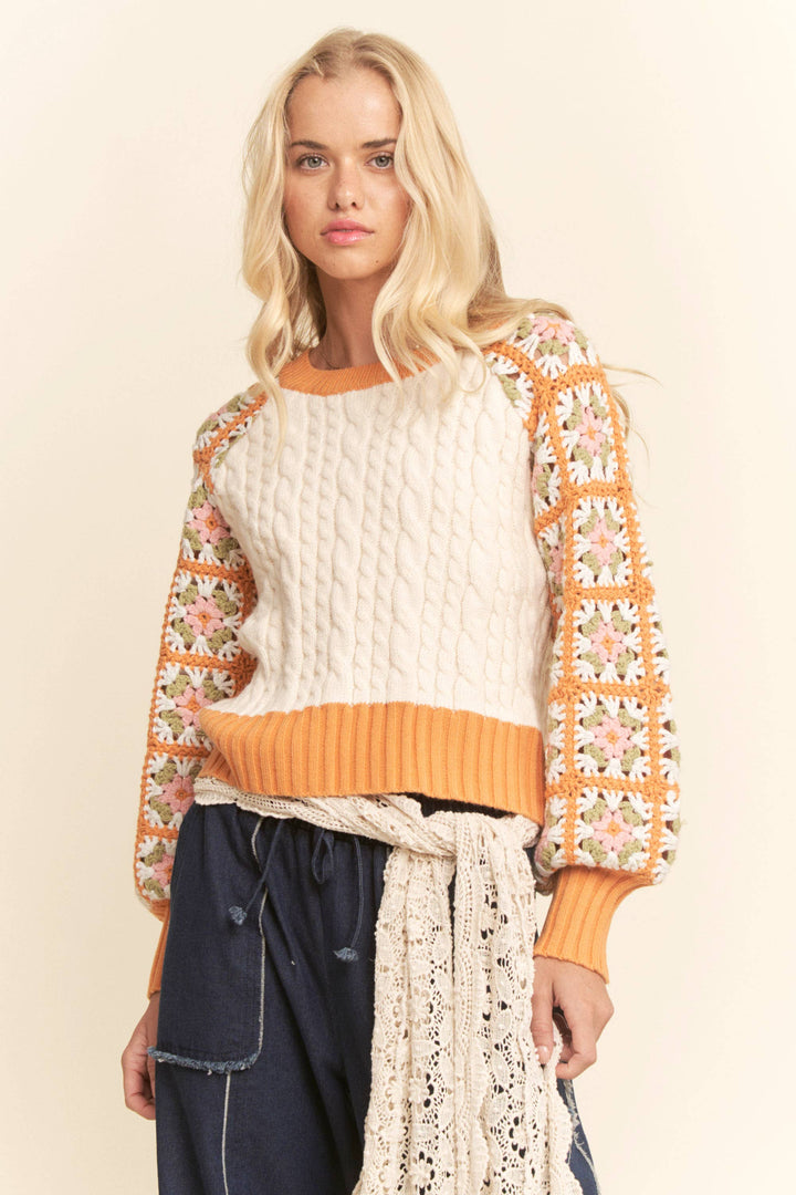 Boho Bloom Crochet Sleeve Cable Knit Sweater - Orange/Cream