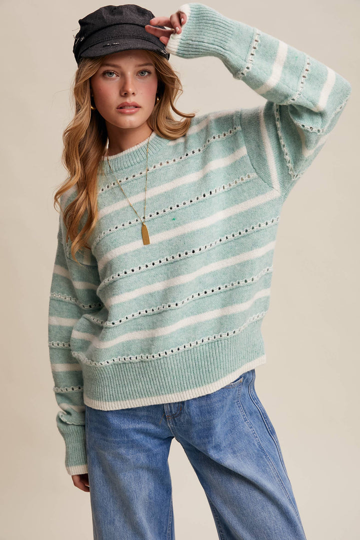 Striped Open-Stitch Pullover Sweater in Light Coral